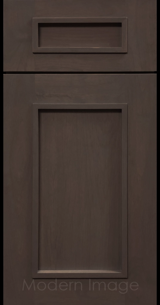 Truffle-stained Gilbert cabinet a recessed flat panel and elevated molding.